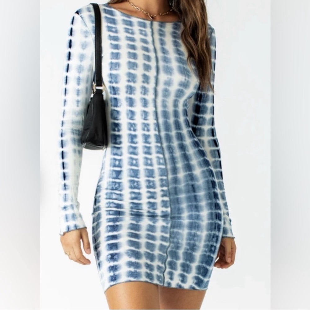 Princess Polly Blue & White Tie-Dye Long Sleeve Bodycon Dress